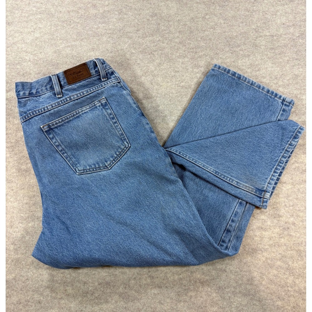 LL Bean Comfort Waist Jeans Mens 37x29 Blue Denim Straight Leg Adjustable 250265
